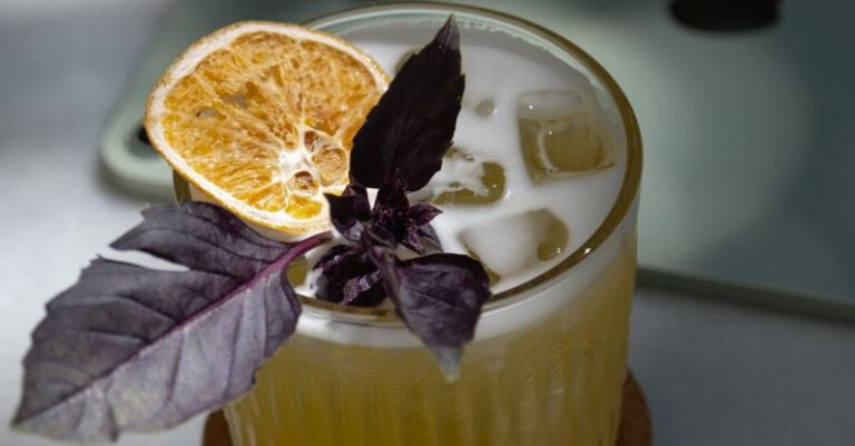 Ice Baths - A drink with an orange slice and basil leaves